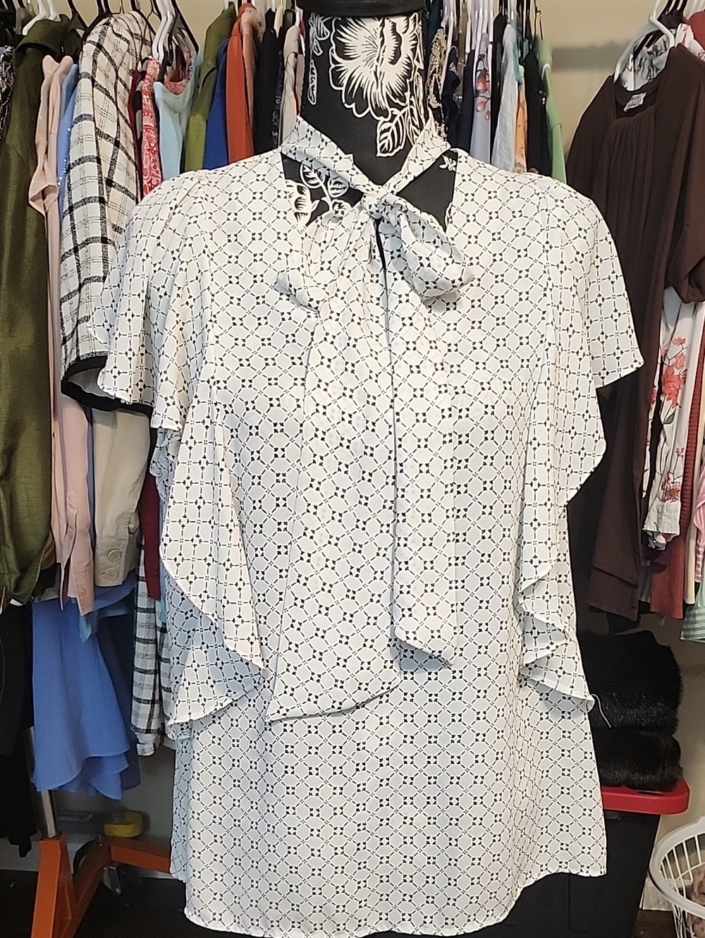 Worthington White Blouse with Black Geometric Print and Tie Neck